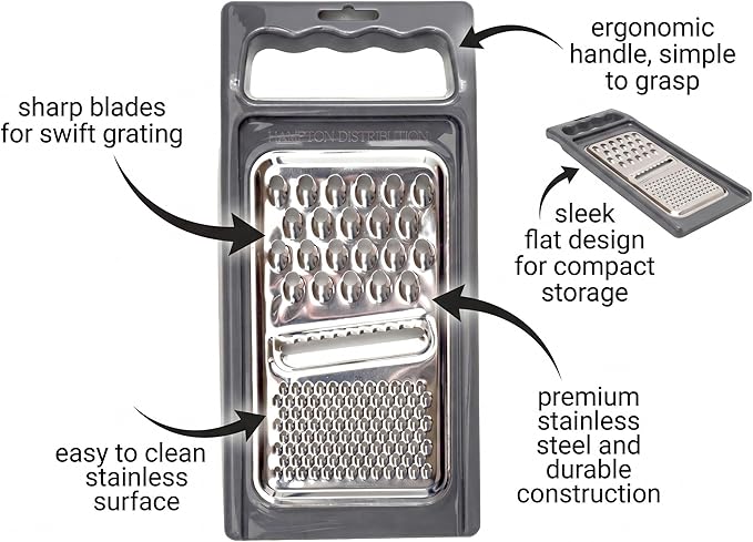 Cheese Grater with Handle, Stainless Steel, Cheese Shredder, Fruit and Vegetable Zester, Multifunction Kitchen Tool, Hampton Distribution
