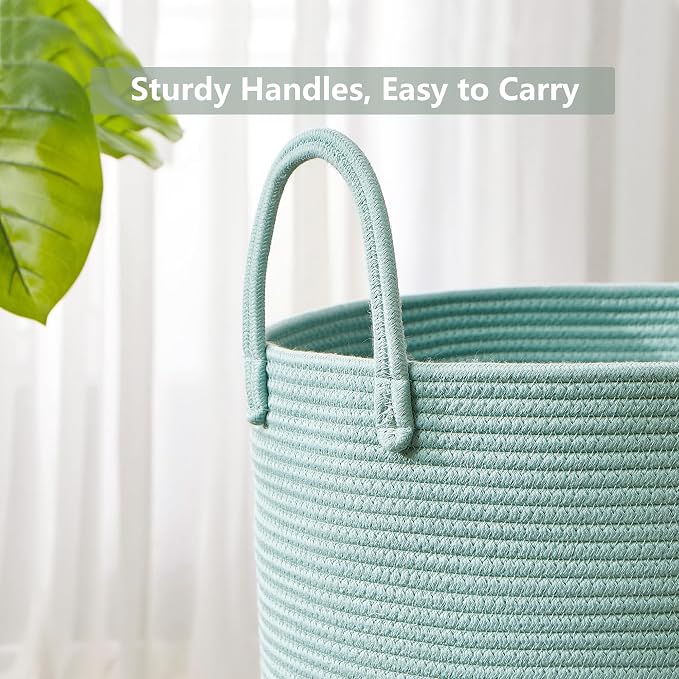Tall Green Hamper Cotton Rope Laundry Basket 15Dx20H Inches | Woven Basket for Clothes Blanket Storage in Bedroom Living Room for Baby Nursery Kids Toys Organize 60L Large Capacity