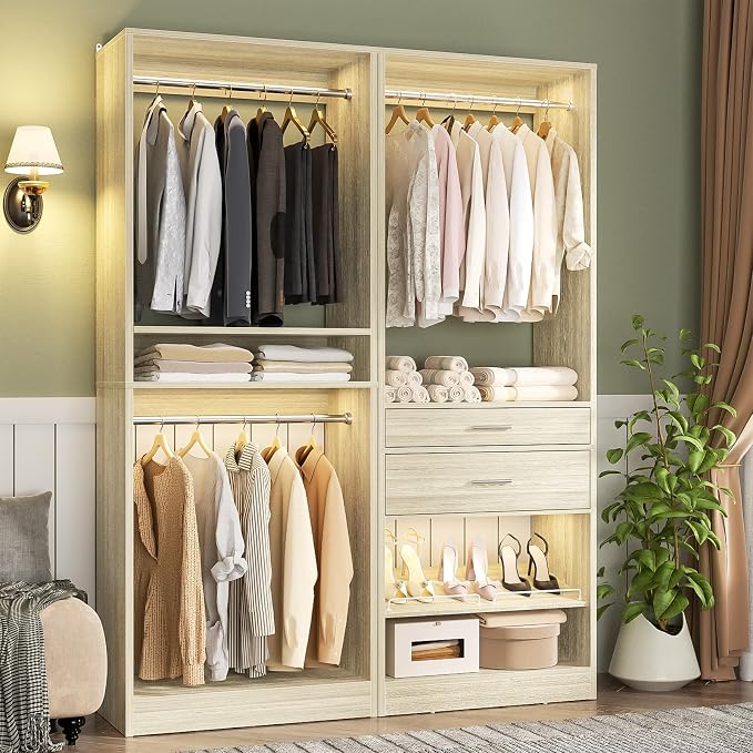 Unikito Closet System Set of 2, 4FT Closet Systems with 2 Wood Drawers, 50" Closet Organizer System with 3 Hanging Rods & 2 Shelves, Heavy Duty Walk-in Closet , White Oak (50" L x 16" W x 80" H)