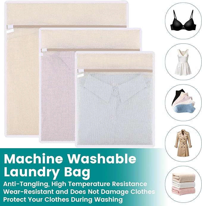 6 Pack Durable Cotton Mesh Laundry Bags for Delicates, Natural Cotton Laundry Bags Mesh Wash Bags with Sturdy Zipper for Underwear Bras Socks Clothes Storage Washing Machine Safe (M+L+XL)