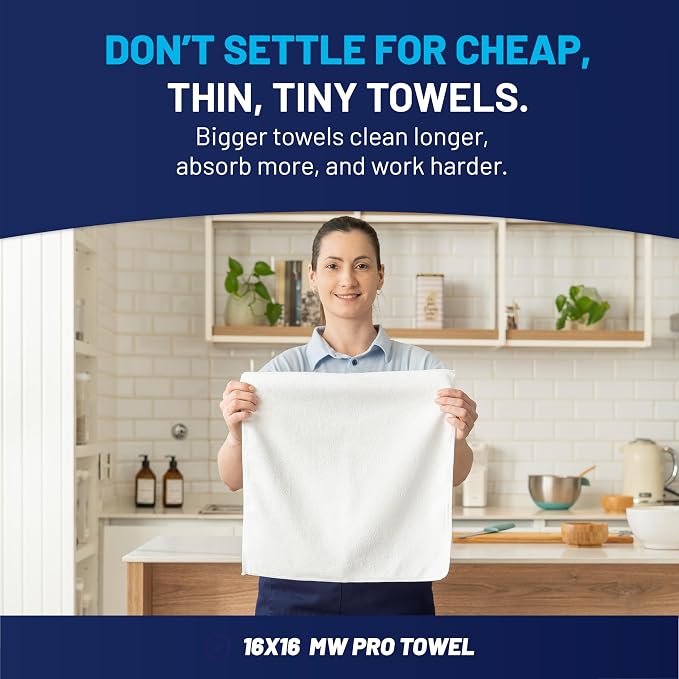 MW Pro Microfiber Cleaning Cloth | White (12 Pack) | Size 16" x 16" | All Purpose Microfiber Towels - Clean, Dust, Polish, Scrub, Absorbent