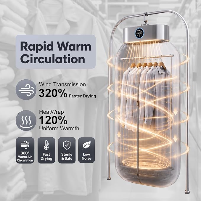 Portable Clothes Dryer for Upto 12 Clothes with Remote Control Compact Form | Compact Dryer for Clothes Apartment, RV, Travel Built-in LED UV, Adjustable 8-Hour Timer with Fast-Drying Stress-Free Setup