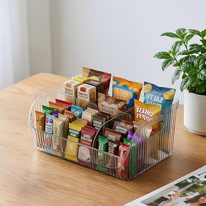 Large Snack Chip Bag Organizer for Pantry, 6-Compartment Snack Chip Storage Containers with Dividers, Pantry Organizers Storage for Chip and Snacks Organizer for Pantry Office Cabinet