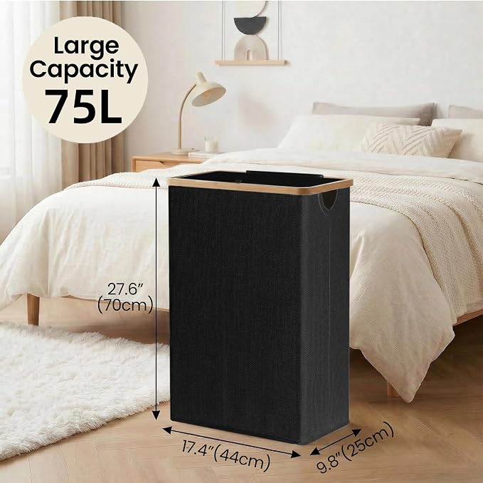 efluky Slim Laundry Basket with Lid, Narrow Laundry Hamper with Removable Bag, Skinny Dirty Clothes Basket with Bamboo Handles for Bathroom, Bedroom & Laundry Room, 75L Black