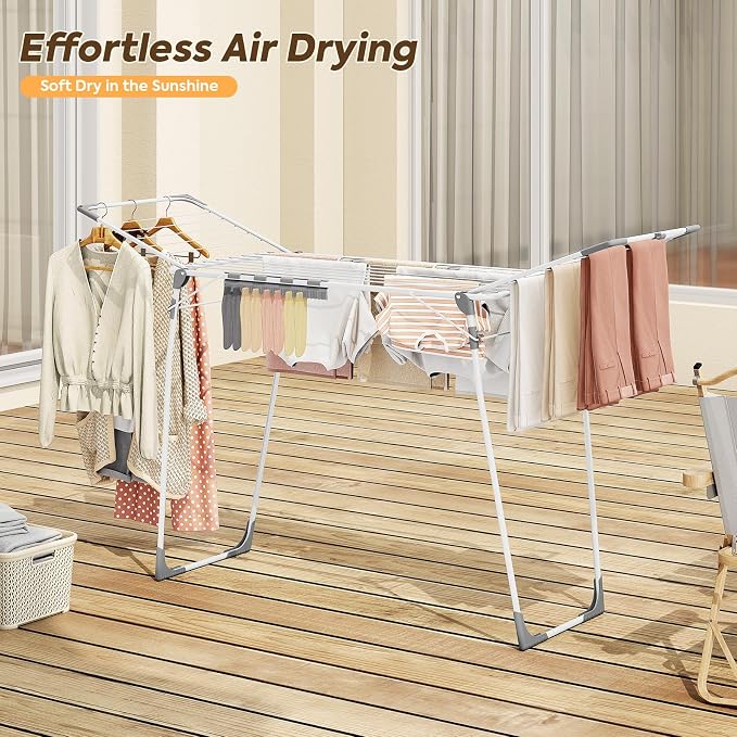 KINGBOARD Clothes Drying Rack, Gullwing Drying Rack with Sock Clips, White | For Family Laundry, Spacious Design with 2 Sturdy Frame Supports, Holds Up to 37lbs, Non-slip Feet, for Indoor/Outdoor Use