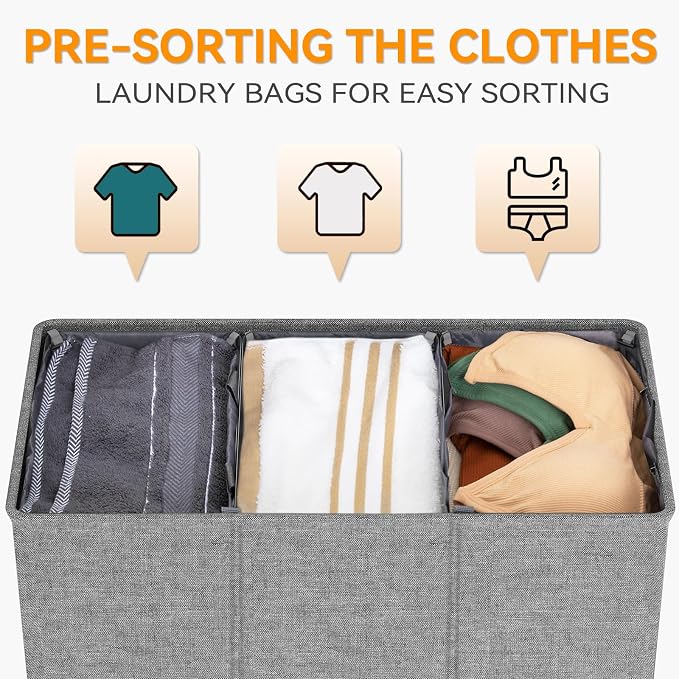 WOWLIVE 180L Laundry Hamper 3 Section, Large Laundry Basket with Lid | Dirty Clothes Hampers with Removable Bags and Handles, Collapsible Laundry Basket Organizer for Dorm Room, College, Grey