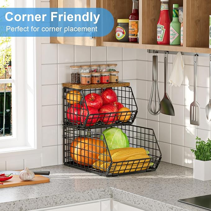 Potato and Onion Storage Bin with Wooden Top, 2-Tier Stackable Wire Basket | Wall basket for Food, Snacks and Fruit and Vegetable Storage with Kitchen Pantry Organizer for Counter, Cabinet, Under Sink