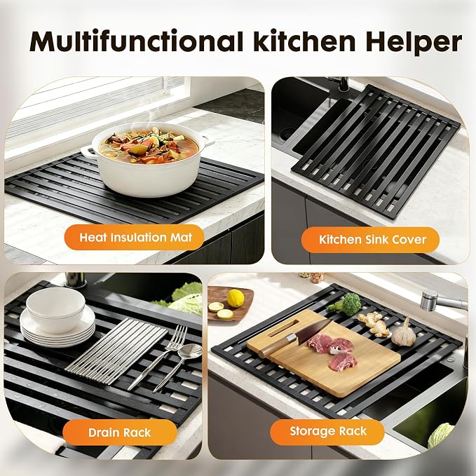 Foldable Over Sink Dish Drying Rack, Extra Wide & Thick Rust-Proof Aluminum Sink Cover for Counter Space, Collapsible Dish Drying Rack Fits Most Kitchen Sinks (Black, 20.5“x13.6)