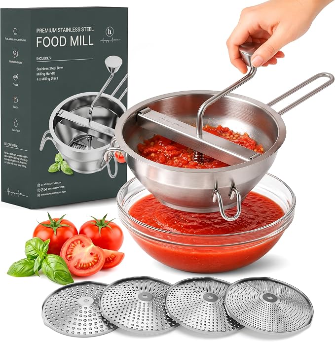 Premium 4-Disc Stainless Steel Food Mill – Ergonomic Rotary Hand Crank for Tomato Sauce, Canning, Applesauce, Baby Food, Mashed Potatoes, Puree & Jams