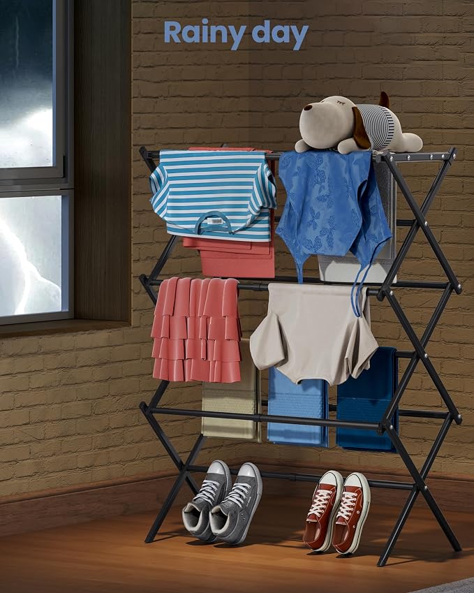 APEXCHASER Oversize 3-Tier Clothes Drying Rack, No Install, Black | Expandable Design, Non-slip feet, Tool-free Setup, Rust Prevention, Sturdy Construction, 14.9" D x 29.3" W, Holds 24lbs