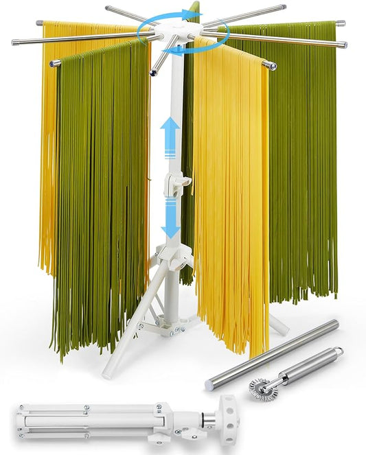 Pasta Drying Rack Collapsible, Large Noodle Dryer Foldable | 360° Rotating, Adjustable Height(14.5"-23.6"), 304 Stainless Steels Arm with Ravioli Wheel for Fresh Pasta Spaghetti