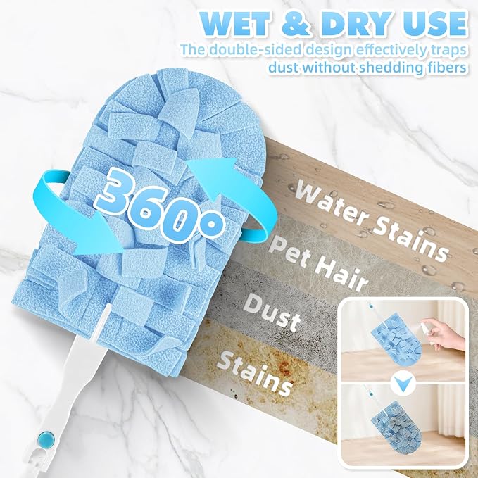Reusable Duster Refills, Washable Duster for Swiffer (6 PCS) | with 3 Ft Extendable Handle, Reusable Microfiber Pads for Cleaning Fan, Floor, Blind, Include 1 Laundry Bag & Spray Bottle
