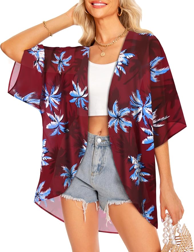 Women Kimono Cardigans Summer Cover Up Hawaiian Shirts Floral Print Tops | ROSEMIA chiffon kimono open front cardigans, beach cover ups, daily casual tops, cruise outfits, summer resort wear