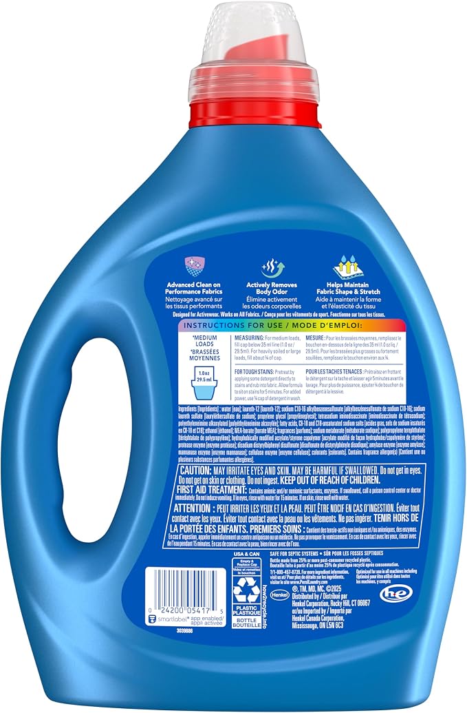 Persil Activewear Clean Liquid Laundry Detergent, 82 Loads, 82.5 Fl Oz | Deep Clean & Care, Removes Body Odor, Maintains Shape & Stretch, Ultra Concentrated Formula, HE Safe, All Water Temperatures