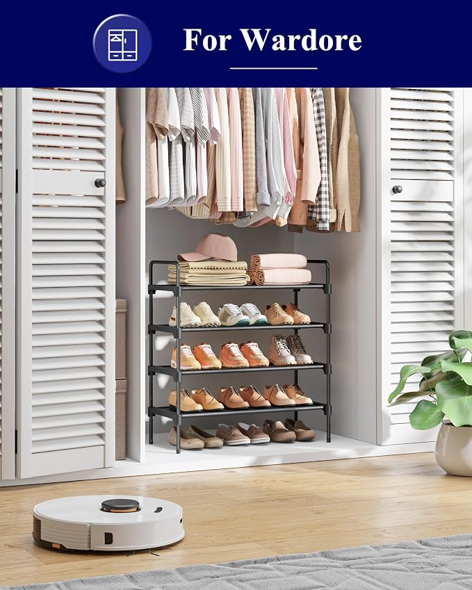 Kitsure Shoe Rack for Closet, Shoe Organizer for Front Door Entrance, Stackable Shoe Shelf, Detachable Closet Organizers and Storage, 26.6" Wide - 4 Tiers, Black | Closet, Front Door Entrance, Entryway, Stackable & Detachable Shelf, Closet Organizers a...