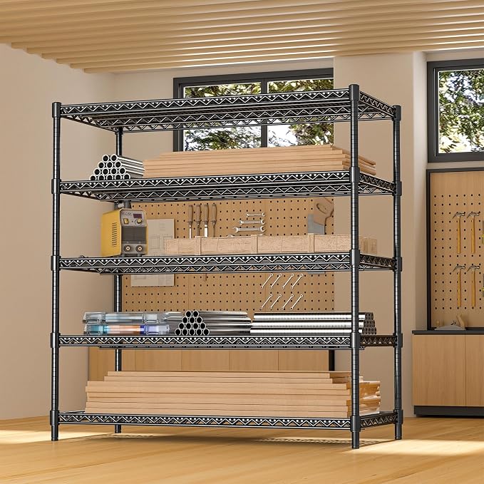 24" D Storage Shelves 3300 LBS Heavy Duty Garage Shelving, 5 Tier Metal Shelving Adjustable Wire Shelving Unit with Liners, 55" W x 24" D x 72" H for Commercial Warehouse, Black