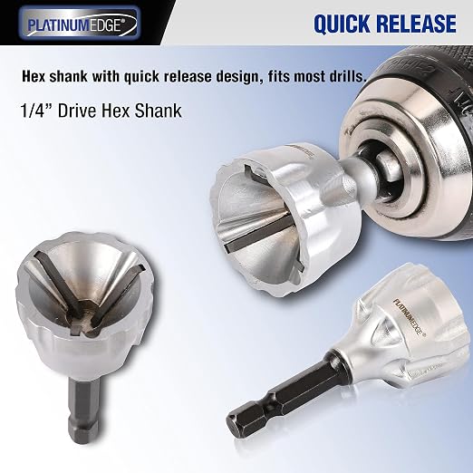 PLATINUMEDGE Deburring External Chamfer Tool with 3 Tungsten Carbide Blades,Quick Release 1/4" Hex Shank, Fits 1/8"-3/4" (3-19mm) – Repair Damaged Bolts, Screws, Threaded Rods & Pipe