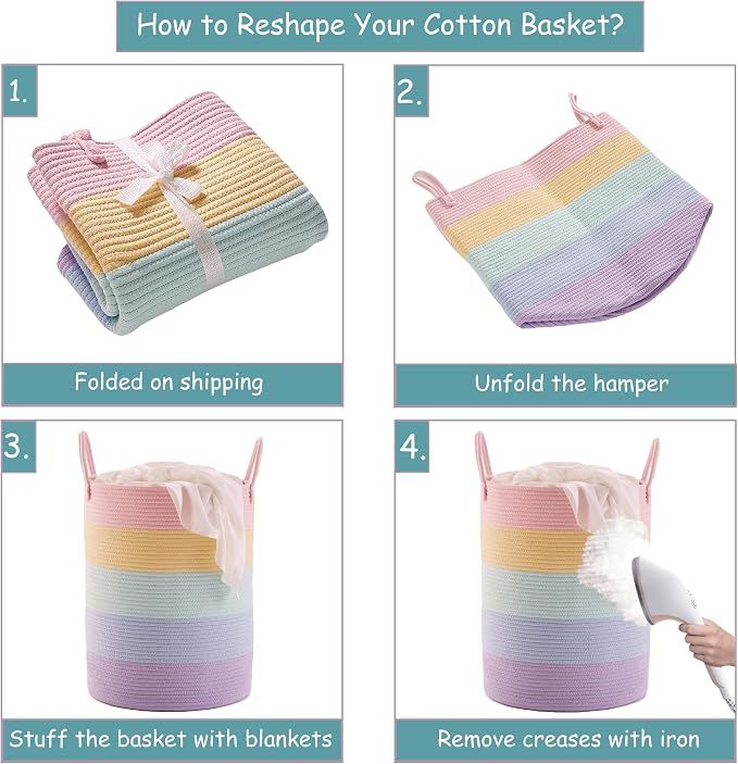 Large Rainbow Hamper Laundry Basket for Baby Girls Kids Nursery | 60L Pastel Unicorn Woven Clothes Hamper Tall Blanket Basket in Playroom Bedroom 15Dx20H inches