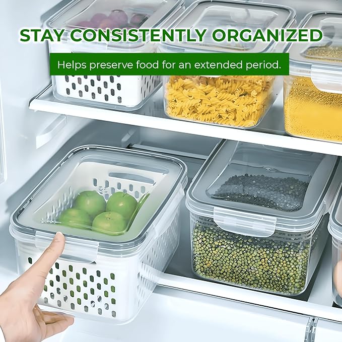 4-Piece Fruit Storage Containers for Fridge, Leakproof and Removable Colander, Dishwasher & Microwave Safe, Extend Freshness of Fruits and Vegetables (White)