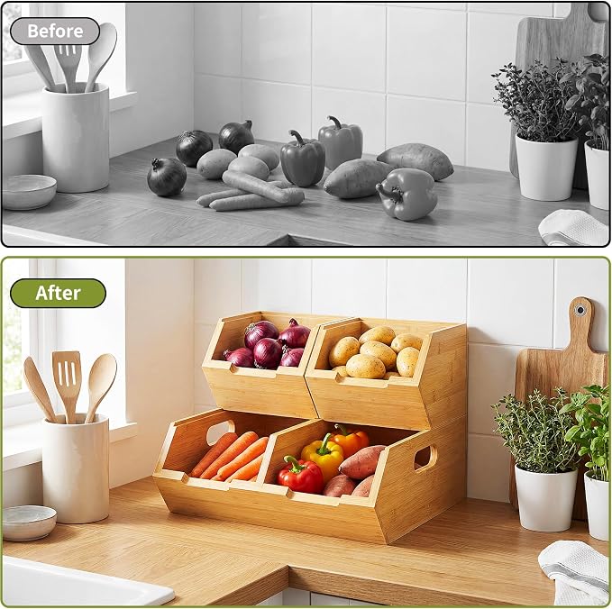 Bamboo Pantry Storage Bins, Potato and Onion Storage Bins for Countertop | Open Front Storage Bins, Large Capacity, Stackable Design, Cut-out Handles, FSC-certified Bamboo, No Assembly