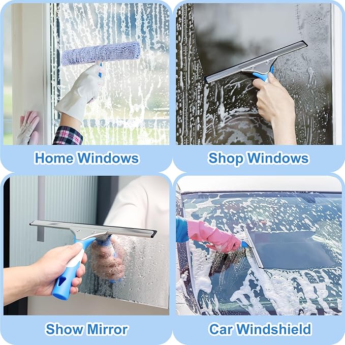 Mitclear Professional Window Cleaning Kit 10IN, Windows Cleaner Tool with Silicone Squeegee, Microfiber Scrubber & Cloth, Window Washing Equipment or Home Shower Glass Doors Car Windshield