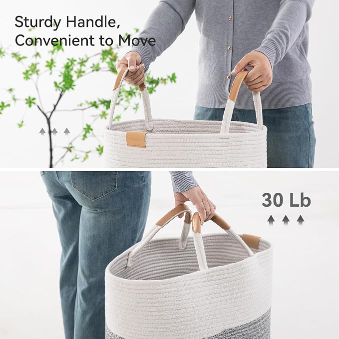 Nunsino 95L Striped Laundry Hamper with Leather Handles,Large Foldable Laundry Basket for Clothes,Cotton Rope Storage Bin for Blankets,Woven Clothes Basket for Bedroom,Gray Stripes