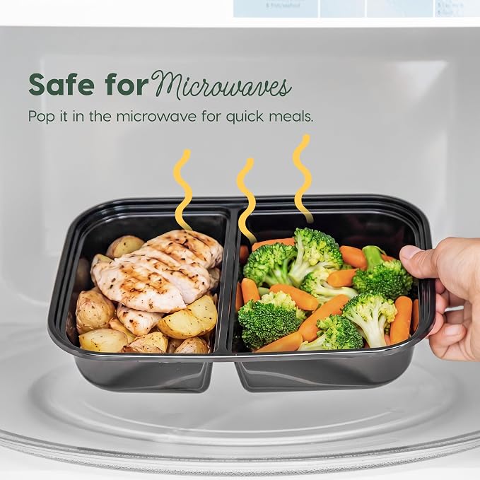 IRIS USA Meal Prep Containers, 36oz - 50 Pack (100-Piece) 2-Compartment Reusable Food Storage Containers with Lids, Plastic Kitchen Food Prep To Go Lunch Box, Microwave Freezer Dishwasher Safe, Black
