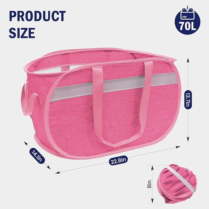 Collapsible Tear Proof Laundry Baskets with Dual Handles, Pink | 70L, Foldable, Pop up Hamper, Reinforced Durable Laundry Hamper for Home, Laundry, Bathroom, Dorm or Travel