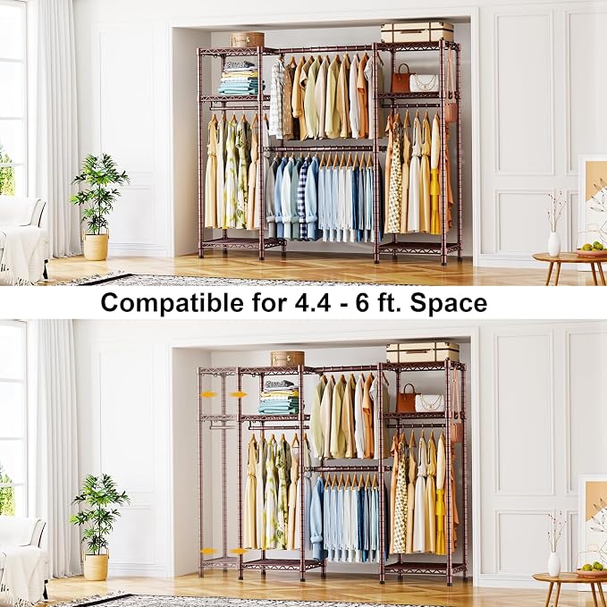 Ulif E7 Garment Rack, Heavy Duty Clothes Storage System with Extendable Hangers Rods, Metal Clothing Rack with 6 Wire Shelves, (52.3"-72") W x 14.5" D x 71.2" H, Load 838lbs, Bronze