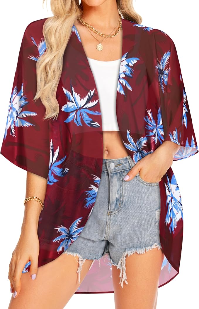 Women Kimono Cardigans Summer Cover Up Hawaiian Shirts Floral Print Tops | ROSEMIA chiffon kimono open front cardigans, beach cover ups, daily casual tops, cruise outfits, summer resort wear