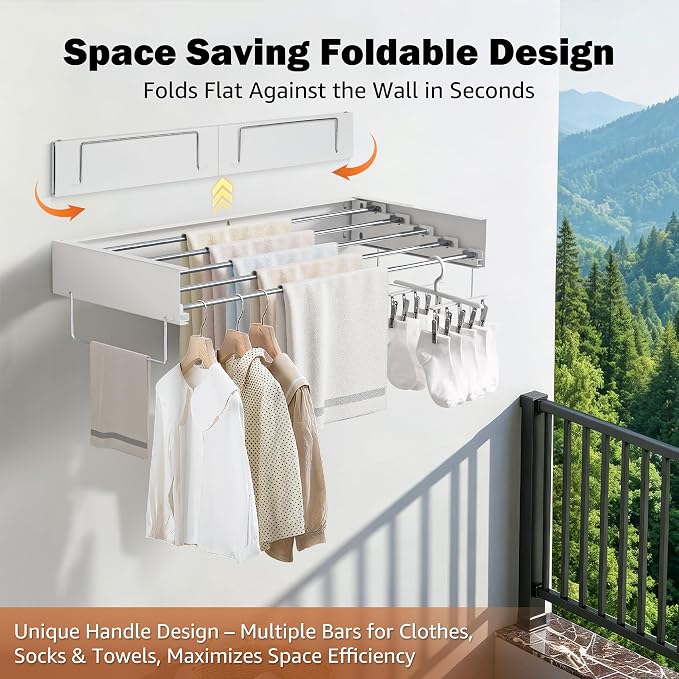 Wall Mounted Drying Rack 32" – Foldable Clothes Drying Rack Wall Mounted, 65 LBS Laundry Rack Wall Mounted, Retractable Clothes Rack for Laundry Room, Indoor & Outdoor Space Saver, 5 Rods, White