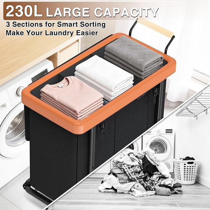 Rolling Laundry Hamper with Wheels, Laundry Hamper 3 Section with Lid Black | Laundry Basket with Rolling Lockable Wheels and Handle, Laundry Basket Organizer for Laundry Room, Bedroom 230L