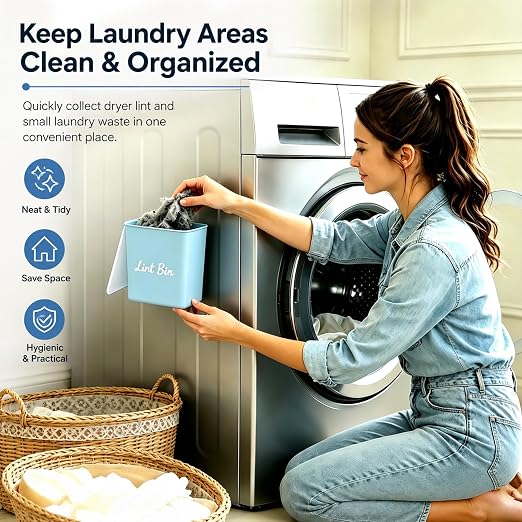 Magnetic Lint Bin with Lid for Laundry Room, Compact Plastic Dryer Lint Holder, Small Laundry Trash Container for Dryer Lint & Used Dryer Sheets, Space Saving Storage Decor Organizer (Blue)