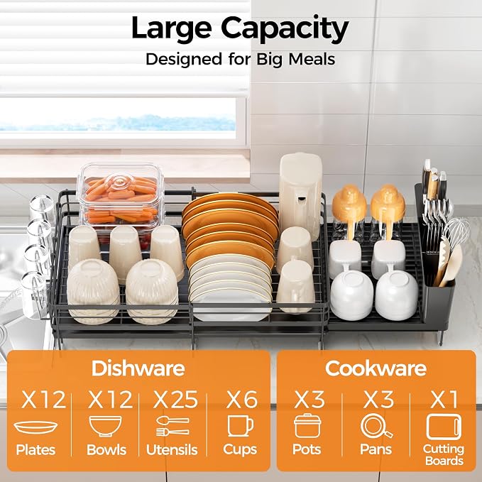 Delamu Stainless Steel Dish Drying Rack, Expandable Dish Drainer, Anti-Rust Large Dish Racks for Kitchen Counter, Dish Strainers with Drainboard, Utensil & Cup Holder, 13.4"-28.7" L x 11.8" W, Black