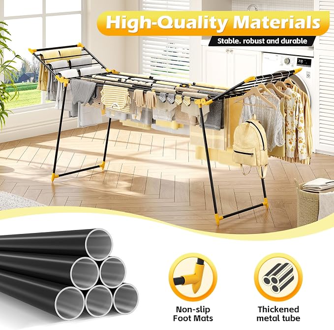 KINGRACK Clothes Airer with 2 Folding Wings, Extendable Stand Dryer Made of Tubular Steel, Variable Width 177.8-254 cm, Foldable Wing Clothes Dryer for Balcony & Indoor Use, Space Saving (Yellow, L)