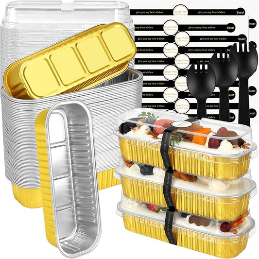 EgticHome Mini Loaf Pans with Lids and Spoons (100 Pack, Gold, 6.8oz) Rectangular Aluminum Foil Baking Pans