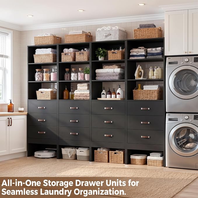 8FT Closet System with Leather Handles, 96" Walk-in Closet Storage Unit with Cabinet, Wood Wardrobe Closet Organizer and Storage with 12 Drawers, Set of 4, Black