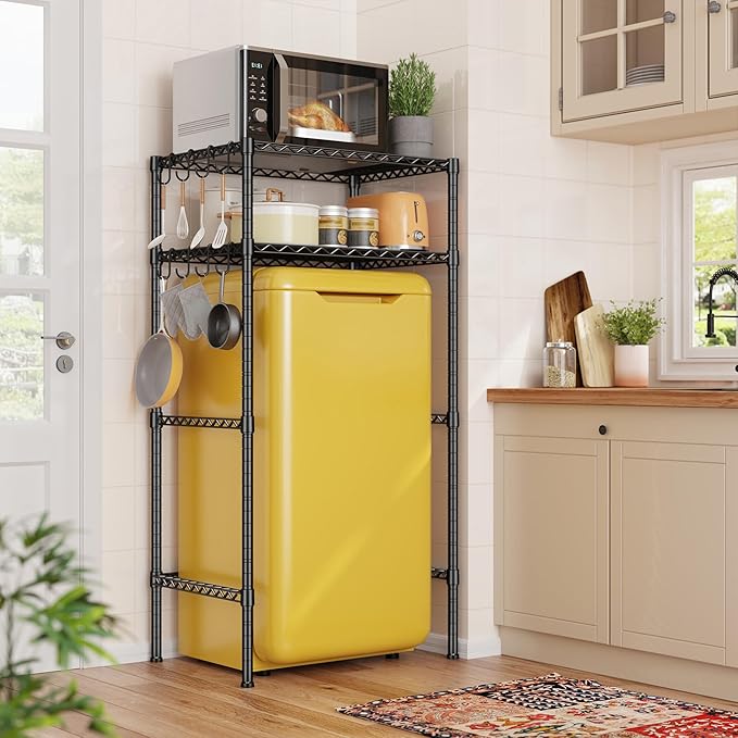 REIBII Mini Fridge Shelf with Storage, 2-Tier Adjustable Metal Shelving Unit with 8 Hooks,176 LBS Heavy Duty Organizer Rack for Dorm Room,Apartment, Kitchen and Office,52.36" H x 26.38" W x 18.1" D