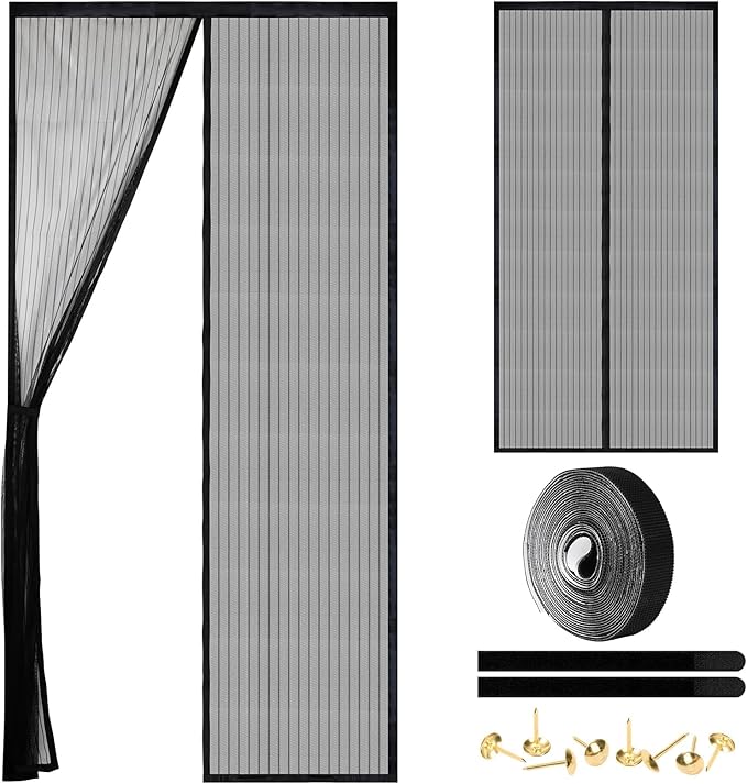 Magnetic Screen Door - Self Sealing, Heavy Duty, Hands Free Mesh Partition Keeps Bugs Out Let Breeze in- Pet and Kid Friendly - Keep Open Feature (Black, Fit Door Size 39 x 82 Inch)