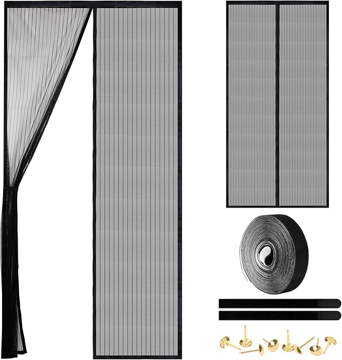 Magnetic Screen Door - Self Sealing, Heavy Duty, Hands Free Mesh Partition Keeps Bugs Out Let Breeze in- Pet and Kid Friendly - Keep Open Feature (Black, Fit Door Size 34 x 78 Inch)