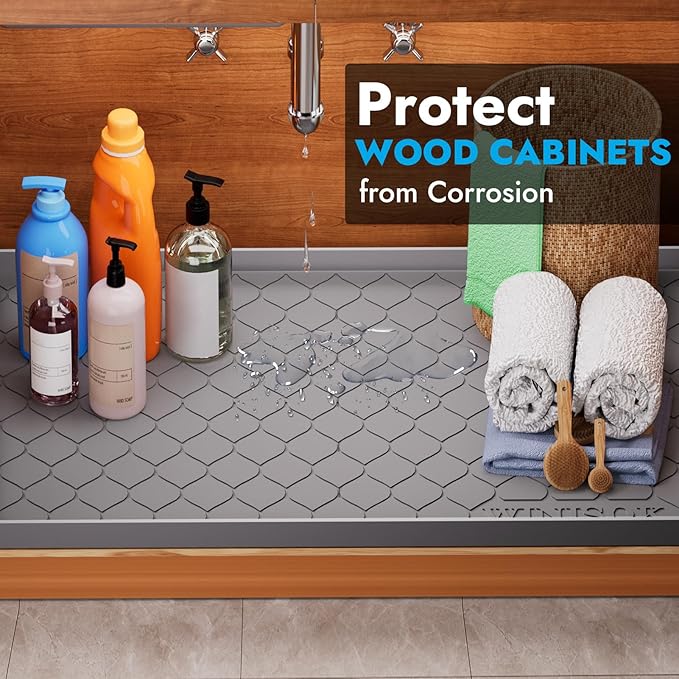 Winisok Silicone Under Sink Mat 25" x 22", kitchen Essentials and Gadgets, Shelf liner and Cabinet Protector, Home Organizers and Storage, Waterproof Bathroom Tray