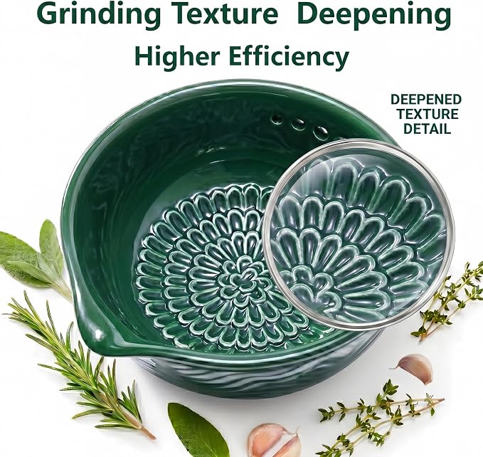 3-in-1 Ceramic Grater Bowl,Garlic Ginger Grinder with Herb Stripper | Cleaning brush included | Enhanced grinding texture | Multiple stripping holes | Dishwasher safe | Less mess food prep