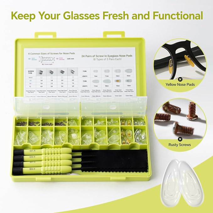 Eyeglass Nose Pads Replacement, 24 Pairs of Screw-in Glasses Nose Pads with Precision Screwdriver Set, Magnetic Eyeglass Repair Kit with Screws, Curved Tweezer for Travel, Birthday Gift, Christmas