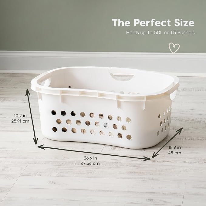 IRIS USA Plastic Laundry Basket 1.5 Bushel (50L), Built-In Handles, White | Clothes Hamper with Ventilation Holes, Reinforced Rim, Hip Hold Design, Large capacity