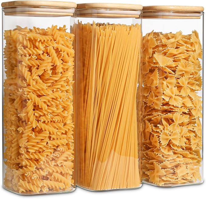 ComSaf Glass Spaghetti Pasta Storage Containers with Lids 2.2 Qt Set of 3, Tall Clear Airtight Food Storage Jar with Lid for Noodles Flour Oat Cereal Sugar Beans, Square Spaghetti Pantry Containers