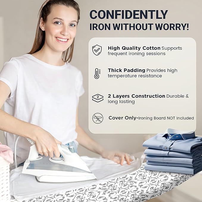 UniSimp Ironing Board Cover and Pad 15"x54" Extra Thick Natural Cotton, Scorch and Stain Resistant Padding,Standard Size Iron Board Cover with Fasteners Heavy Duty Elastic Edge, Heatproof Ash