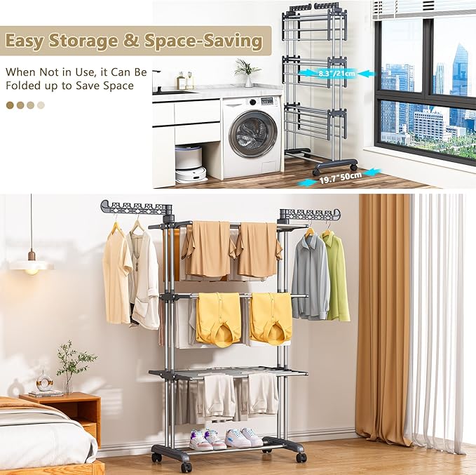 Reinforced Clothes Drying Rack Foldable, 4-Tier Drying Rack with Wheels | Heavy Duty Foldable Laundry Drying Rack for Indoor Outdoor Air Drying, Ideal for Large Families, 19.68"D x 29.92"W x 67.70"H