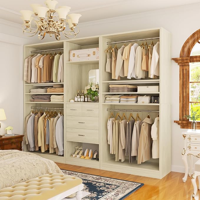 Unikito 98” Closet System with Mirror & 4 Drawers, 8.2FT Heavy Duty Wood Closet Organizer with 4 Hanging Rods, Large Walk-in Wardrobe Garment Rack with Adjustable Shelves, White Oak