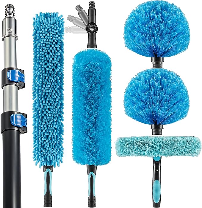 20 Foot High Ceiling Fan, Cobweb Duster with 5-12ft Extension Pole | Extendable, Reusable Feather, Window Cleaning Squeegee Kit