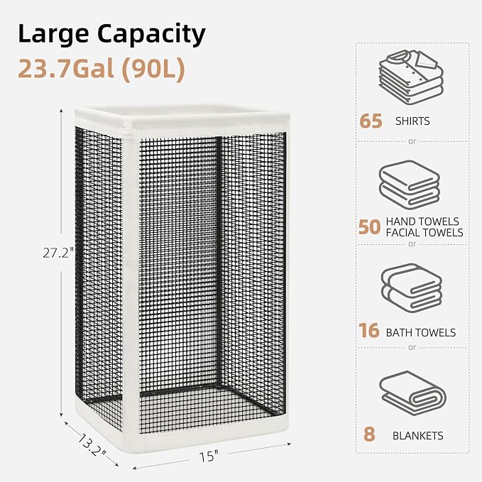 STORAGE MANIAC Mesh Laundry Hamper, 23.7 Gal. Tall Laundry Basket for Airflow, Strong Metal Dirty Clothes Hamper for College Dorm, Bedroom, Bathroom, Clothes Bin, White & Black